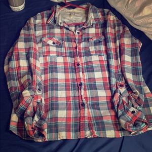 Red blue and white plaid shirt.